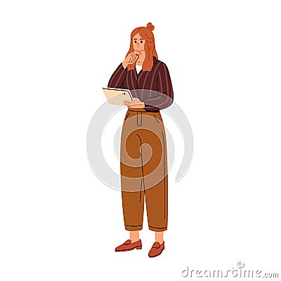 Modern businesswoman holding tablet PC in hand, thinking. Young thoughtful business woman, entrepreneur in fashion Vector Illustration