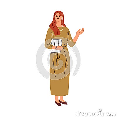 Modern businesswoman speaking. Young business speaker, woman entrepreneur in dress, speaking, presenting, gesturing Vector Illustration