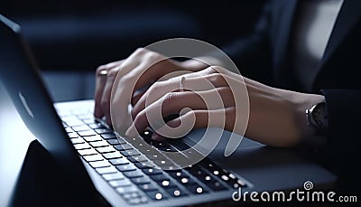 Modern businesswoman typing on laptop at desk in dark office generated by AI Stock Photo