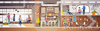 Modern Cafe Interior in loft style. full of People. Restaurant Flat Vector Illustration. Vector Illustration