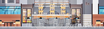 Modern Cafe Or Restaurant Interior With Bar Counter And Bottles Of Alcohol And Glasses On Shelves Horizontal Banner Vector Illustration