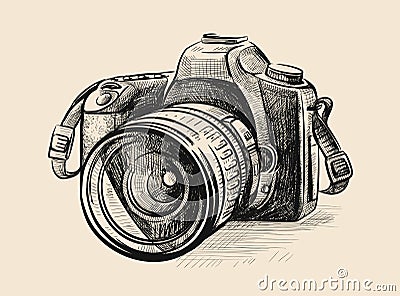 Modern camera in doodle style. Vector Illustration