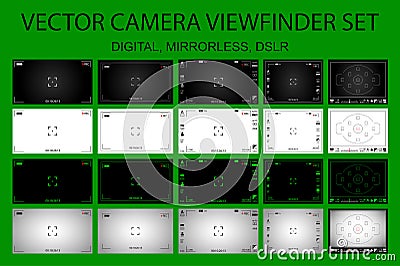 Modern camera focusing screen with settings 20 in 1 pack - digital, mirorless, DSLR Vector Illustration