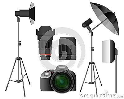 Modern camera with lenses and lighting equipment set Vector Illustration