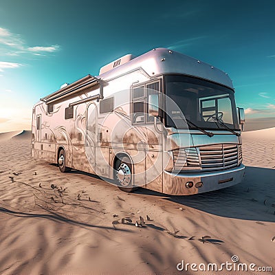 Modern camping trailer on sea beach. Campervan, motorhome. Auto Tourism concept. Campervan on the sand ocean beach . Summer Cartoon Illustration