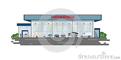 Modern car dealership centre showroom building Vector Illustration