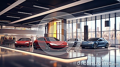 A modern car dealership mockup red and blue cars car showroom wall mockup HD 1920*1080 Stock Photo