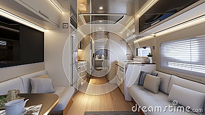 Modern caravans, trailers, and campers feature stylish and functional interior designs with a range of amenities for a Stock Photo