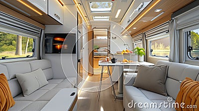 Modern caravans, trailers, and campers feature stylish and functional interior designs with a range of amenities for a Stock Photo