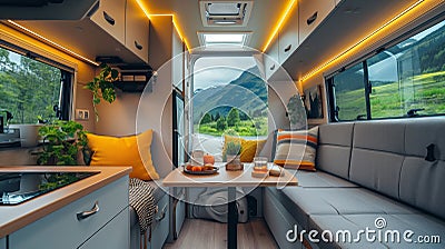 Modern caravans, trailers, and campers feature stylish and functional interior designs with a range of amenities for a Stock Photo