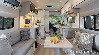 Modern caravans, trailers, and campers feature stylish and functional interior designs with a range of amenities for a Stock Photo