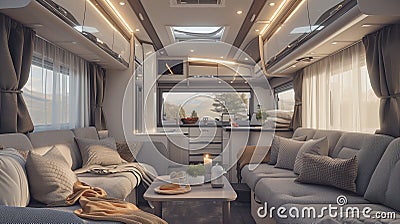 Modern caravans, trailers, and campers feature stylish and functional interior designs with a range of amenities for a Stock Photo