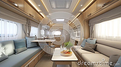 Modern caravans, trailers, and campers feature stylish and functional interior designs with a range of amenities for a Stock Photo