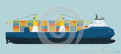 Modern cargo ship container with cranes isolated. Vector Illustration