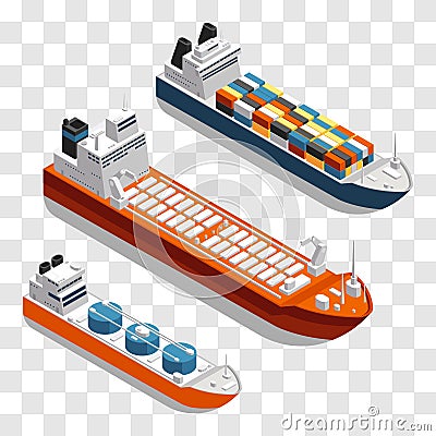 Modern cargo ships isometric vector design. Set of transportation ships isolated on transparent background Vector Illustration