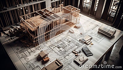 Modern carpentry workshop planning, designing, and constructing built structures indoors generated by AI Stock Photo