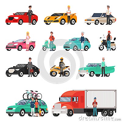 Modern Cars and Truck with Drivers Beside Set Vector Illustration
