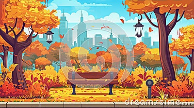 A modern cartoon autumn landscape of an empty public garden with lanterns, flowers and a bird-house in an autumn city Stock Photo