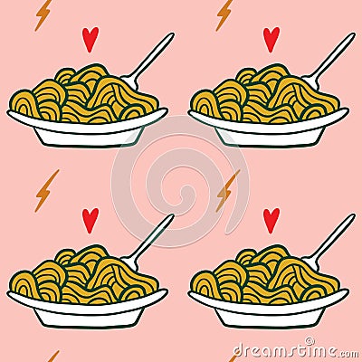 Modern cartoon colorful flat stylized Italian pasta spaghetti seamless pattern, cute illustration. Doodle landmarks concept, food Cartoon Illustration