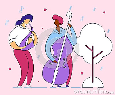 Modern flat cartoon character musical band double bass bassist and saxophone player,vector hand drawn style.Musicians Vector Illustration