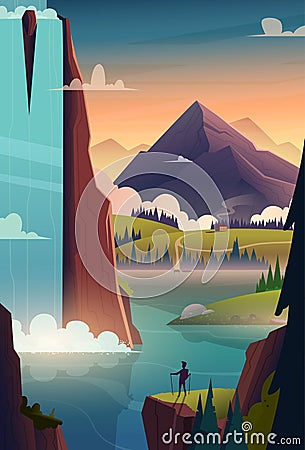 Modern cartoon poster of waterfall and lake in the mountains at sunrise with silhouette of human on rock in front. Vector Illustration