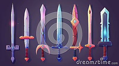 A modern cartoon set of fantasy daggers, knives, and longswords featuring runes and gems for game interfaces from Stock Photo