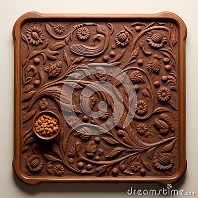 Modern Carved Wooden Baking Sheet: Hand Forged Tray With Floral Motive Stock Photo