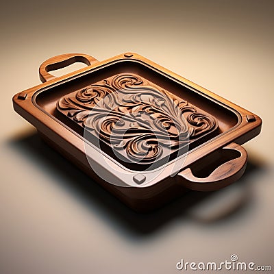 Modern Carved Wooden Design Roasting Pan - 3d Rendered Flatbread Pan Stock Photo