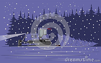 A modern caterpillar bulldozer drags a large Christmas tree for a holiday at night from the forest Vector Illustration