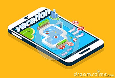 Modern Cell Smart Phone Screen Swimming Pool Summer Vacation 3d Isometric Design Vector Illustration