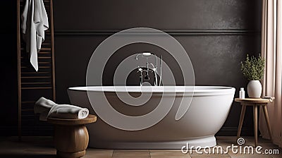 Modern ceramic bathtub with towel near brown wall in room, generative ai Stock Photo