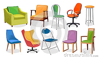 Modern chair furniture collection. Comfortable furniture for apartment interior or office. Colorful cartoon chairs set isolated on Vector Illustration