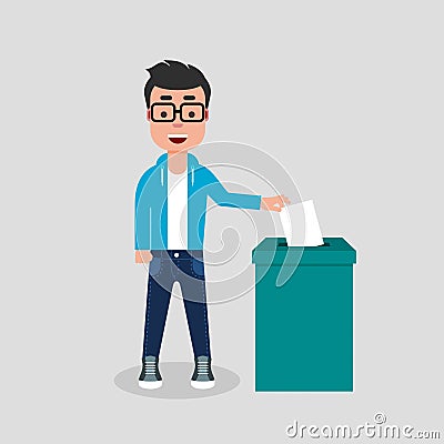 Young man voting at the ballot box. Elections, democracy, participation, vote, concept. Vector Illustration