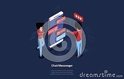 Modern Chat Or Messenger Cartoon Isometric Illustration. 3D Vector Composition On Dark Background With Two Characters Vector Illustration