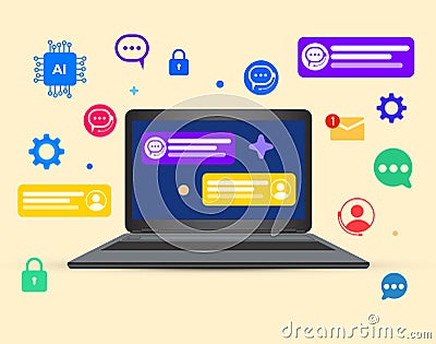 Modern chatbot and AI help concept design with message and colorful shapes floating around the laptop screen Stock Photo