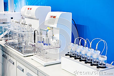 Modern chemical equipment for laboratory. Dissolution and disintegration testers Stock Photo