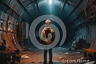 Modern child boy underground bunker. Generate Ai Stock Photo