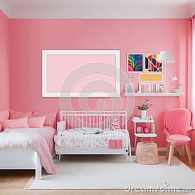 Modern Children's Bedroom with Pink Wall, Wall Art and Blank Canvas Concept Design for Interior Designers and Architects Stock Photo