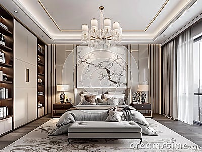 Modern Chinese style bedroom, wall mural on the back of headboard, luxury sofa, bookcase, chandelier Stock Photo