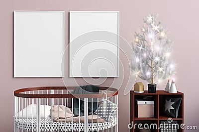 Modern Christmas interior of the childroom. sleeping place. 3d i Cartoon Illustration