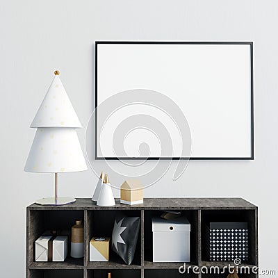 Modern Christmas interior with credenza, Scandinavian style. poster mock up. 3D illustration Cartoon Illustration