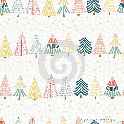 Modern Christmas tree seamless vector design. Hand drawn christmas trees in a row and stars on a gray background. Seamless Vector Illustration