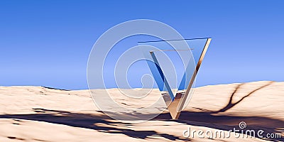 Modern chrome retro triangle frame object in surreal abstract desert landscape with blue sky background, geometric primitive Cartoon Illustration