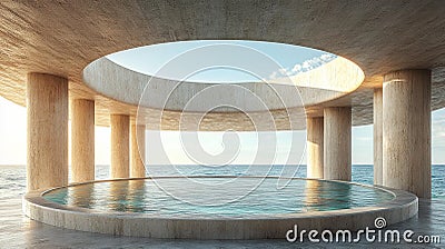 Modern circular seaside pavilion architecture - generative ai Stock Photo