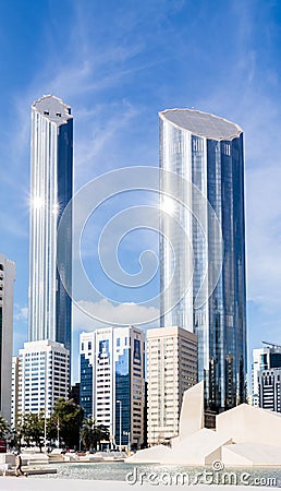 Modern city architecture and famous skyscrapers of Abu Dhabi skyline with beautiful clouds, World Trade Center UAE Editorial Stock Photo