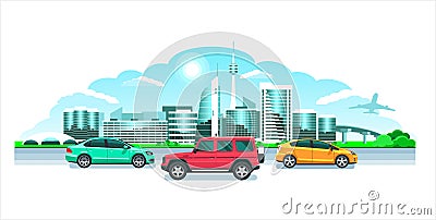 Modern City & cars, panorama. Seaside sunrise or sunset, a picturesque landscape with modern snowy buildings & multicolored Stock Photo