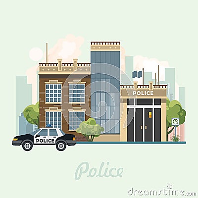 Modern city center vector illustration in flat design.Police office building vector illustration in flat design. Vector Illustration