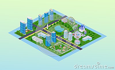 Modern city exterior map isometry. Infrastructure street district skyscraper downtown, childish park Vector Illustration