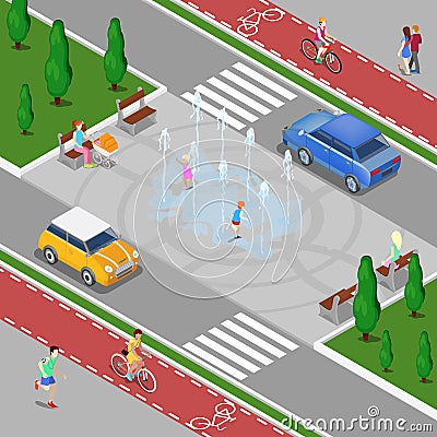 Modern City Isometric Concept. City Fountain with Children. Bicycle Path with Riding People. Vector Illustration