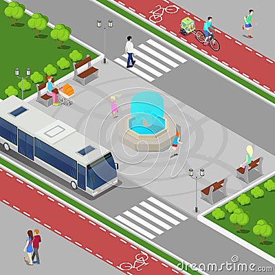 Modern City Isometric Concept. City Fountain with Children. Bicycle Path with Riding People. Vector Illustration